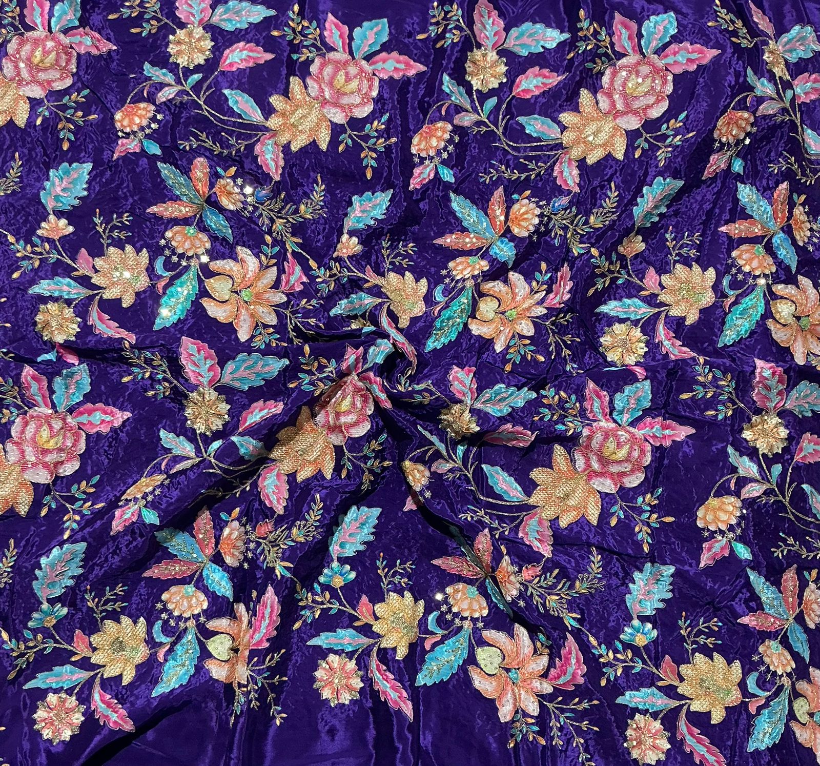Floral Positional Print Zari Sequins Embroidered Crepe Fabric
