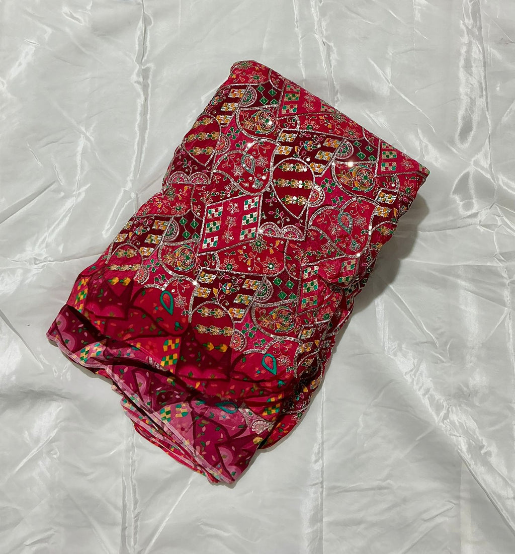 Multi Heavy Zari embroidery worked position print fabric