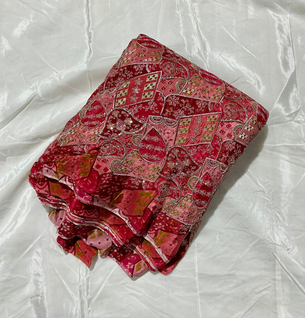 Multi Heavy Zari embroidery worked position print fabric