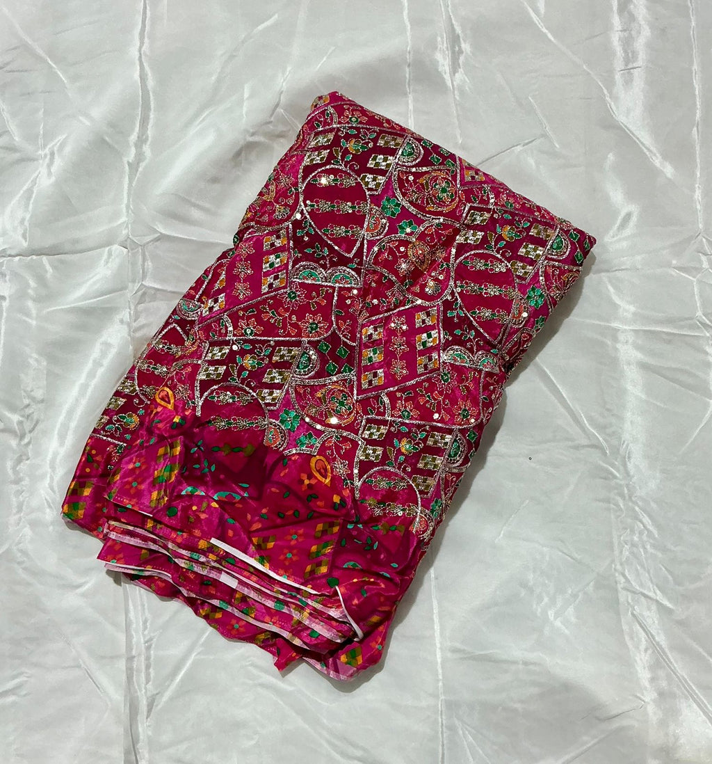 Multi Heavy Zari embroidery worked position print fabric