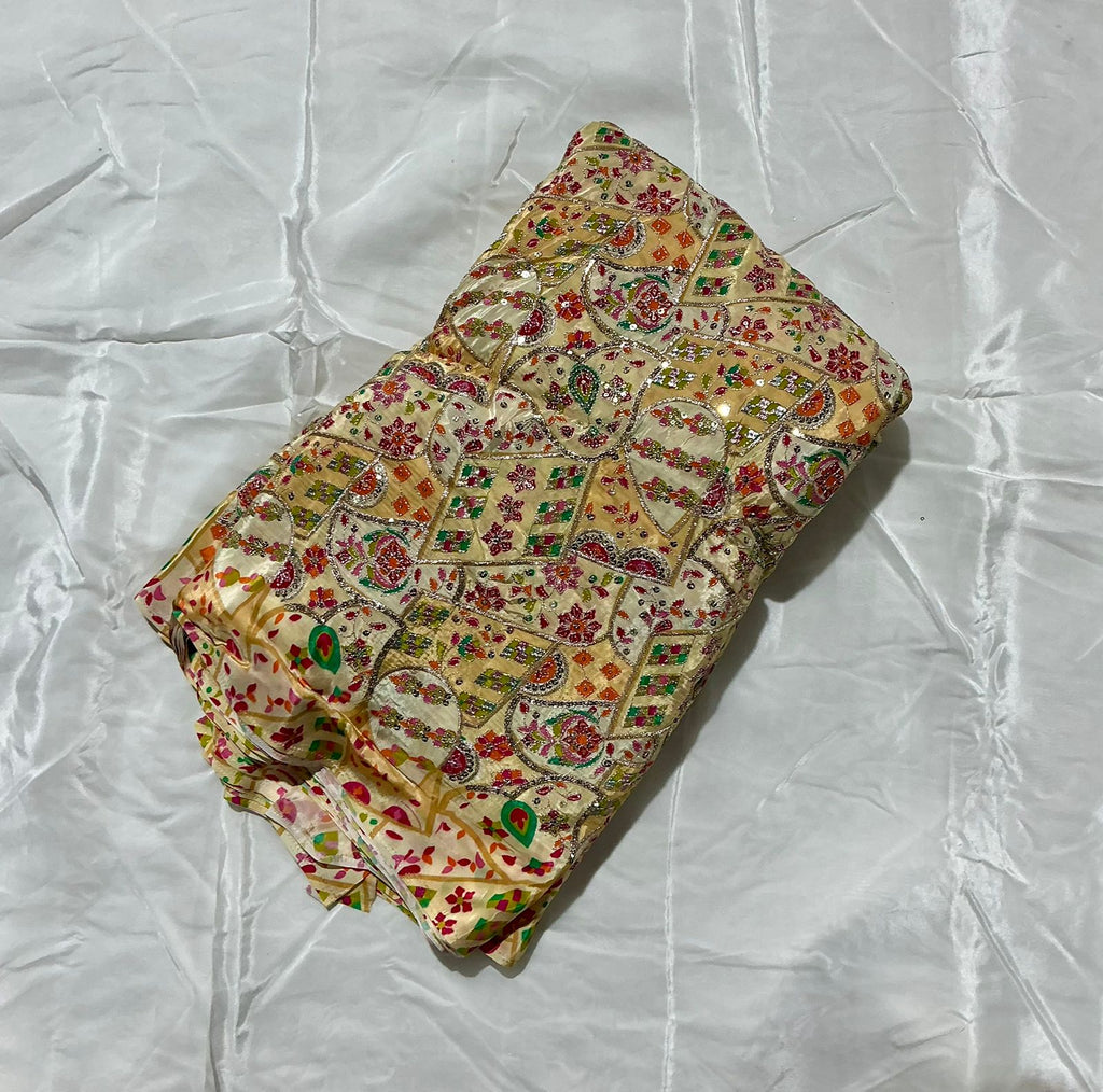 Multi Heavy Zari embroidery worked position print fabric