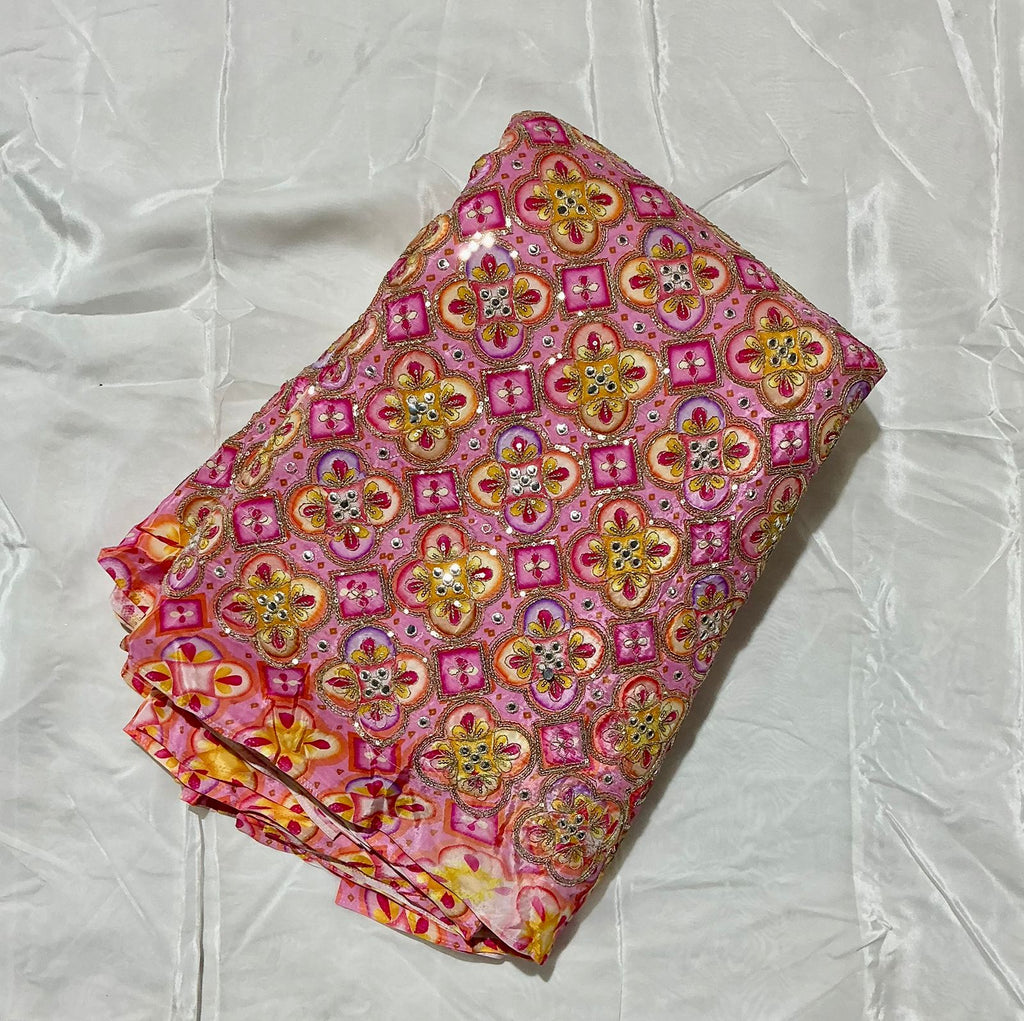 Positional Print Zari Sequins Faux Mirror Embroidered Crepe Fabric
