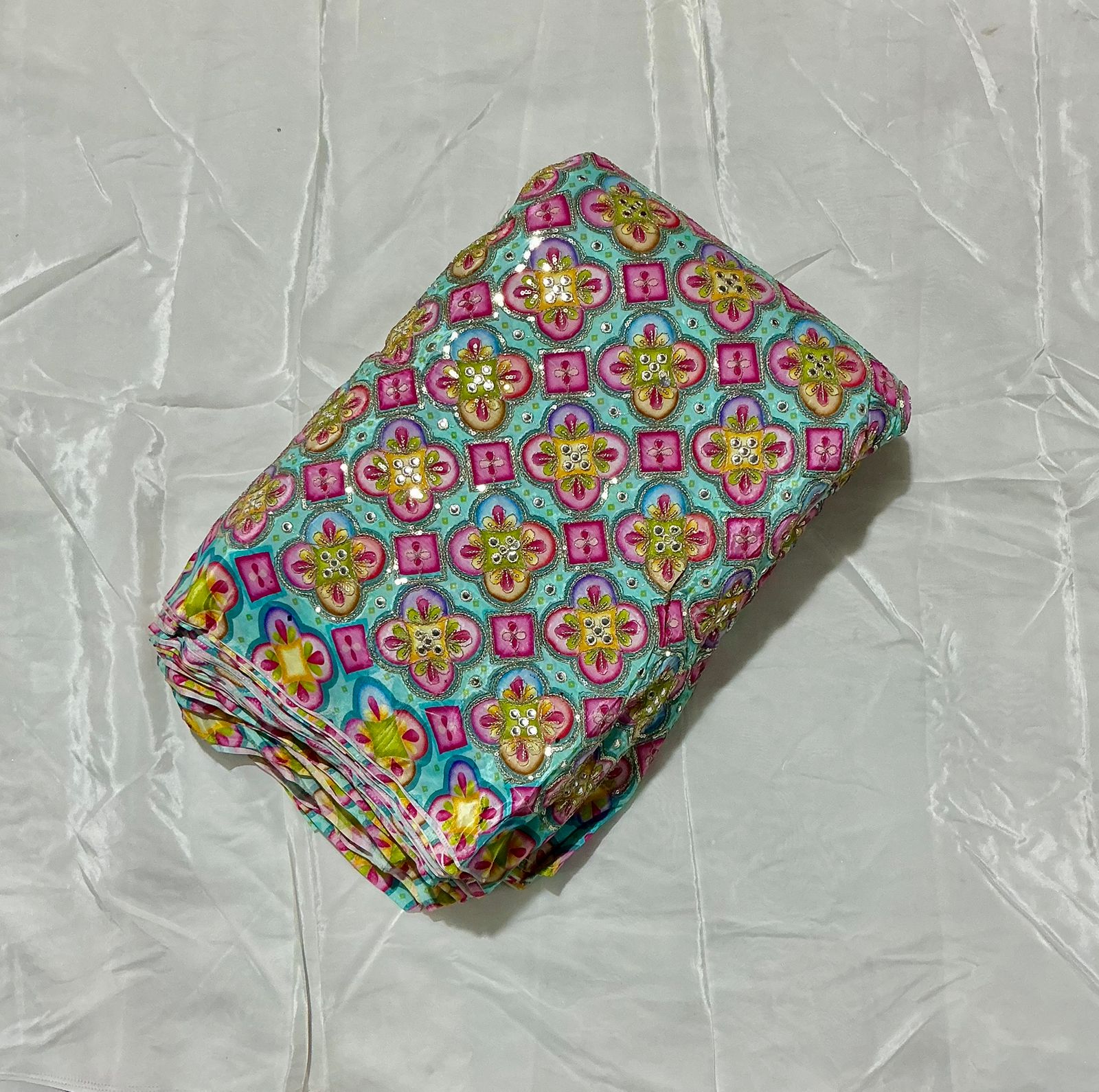 Positional Print Zari Sequins Faux Mirror Embroidered Crepe Fabric