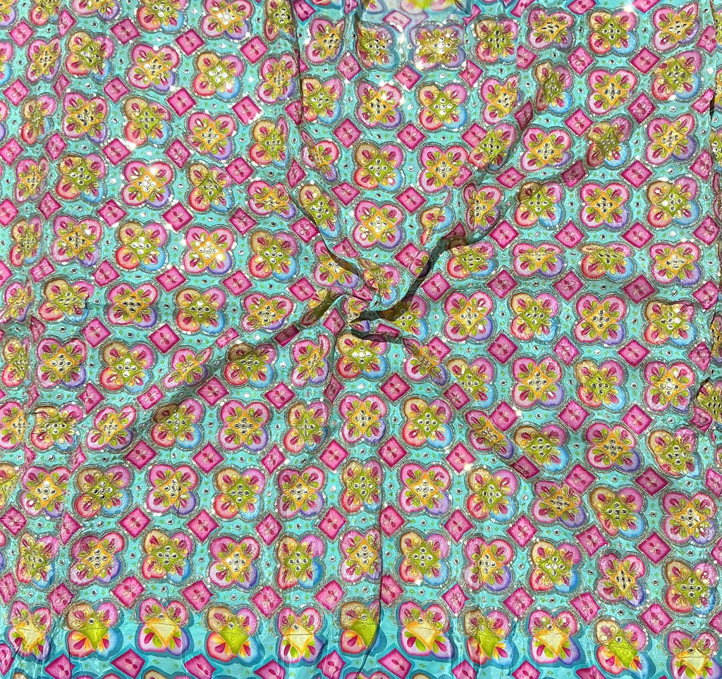 Positional Print Zari Sequins Faux Mirror Embroidered Crepe Fabric