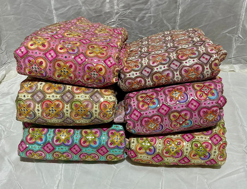 Positional Print Zari Sequins Faux Mirror Embroidered Crepe Fabric