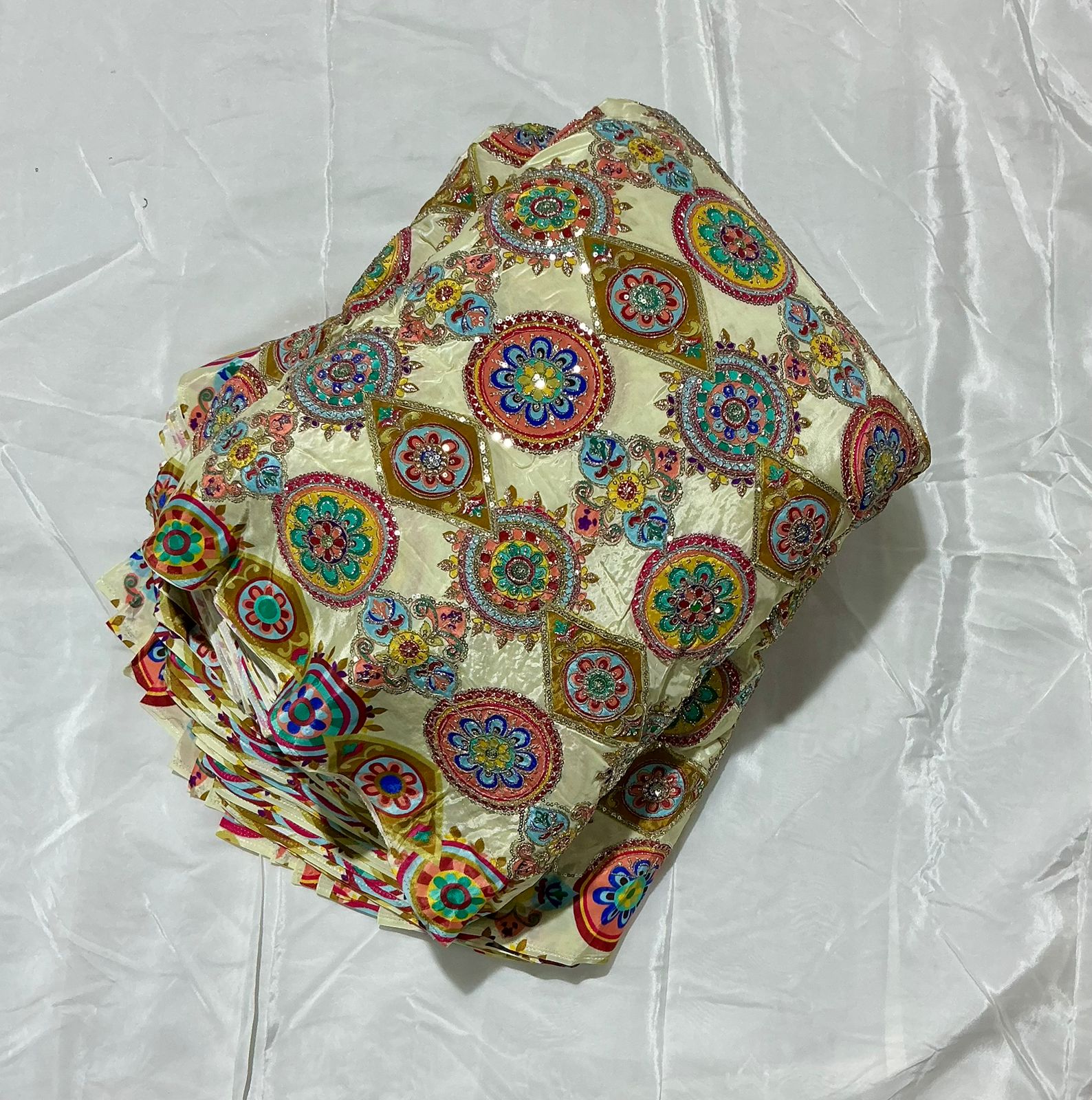 Kaju-gola Heavy Embroidery worked Position Print fabric