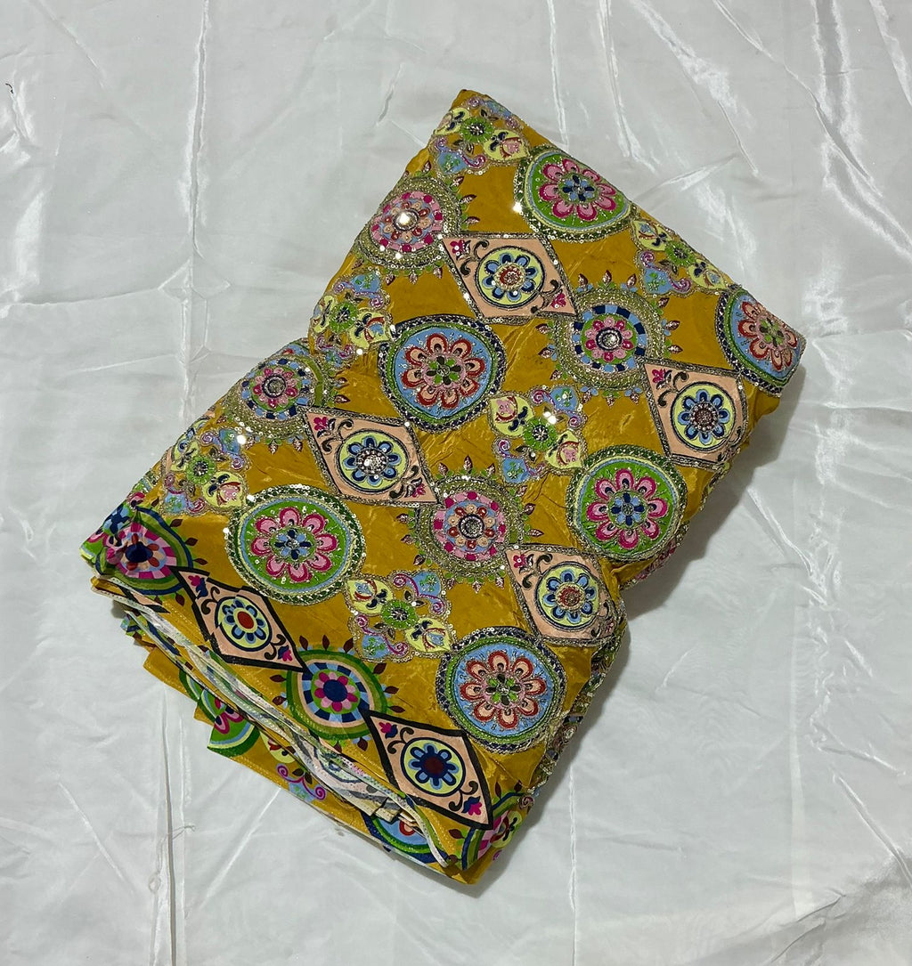 Kaju-gola Heavy Embroidery worked Position Print fabric