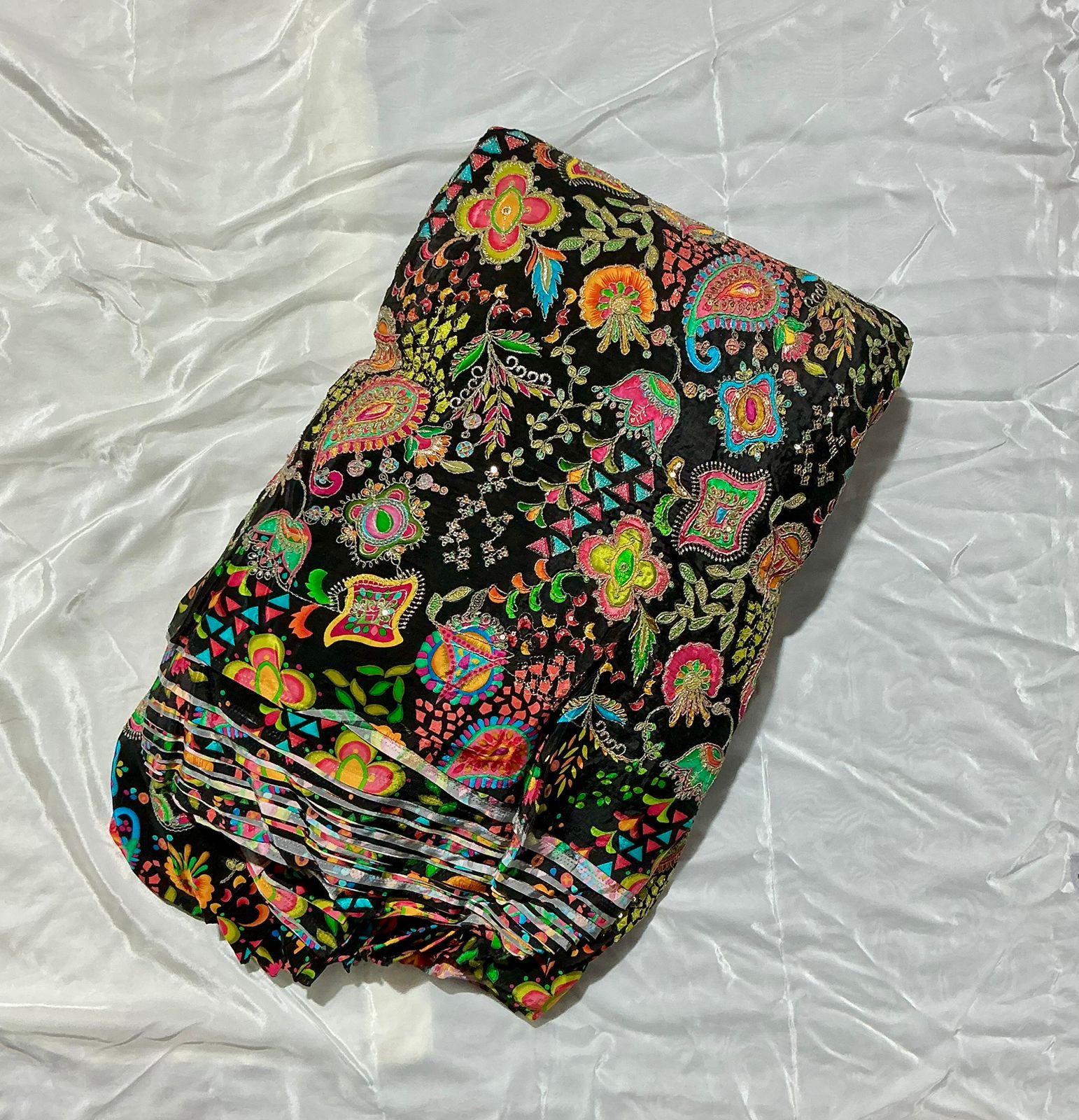 Beautiful Position Print On Sequins Embroidery Viscose crepe Fabric