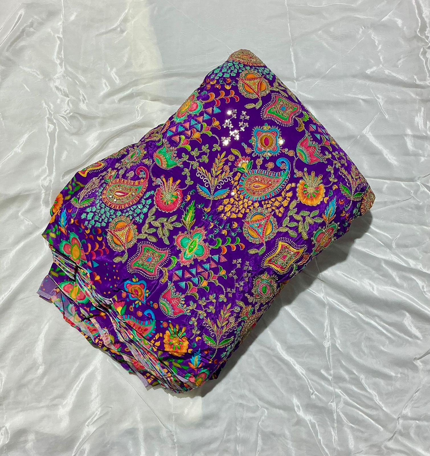 Beautiful Position Print On Sequins Embroidery Viscose crepe Fabric