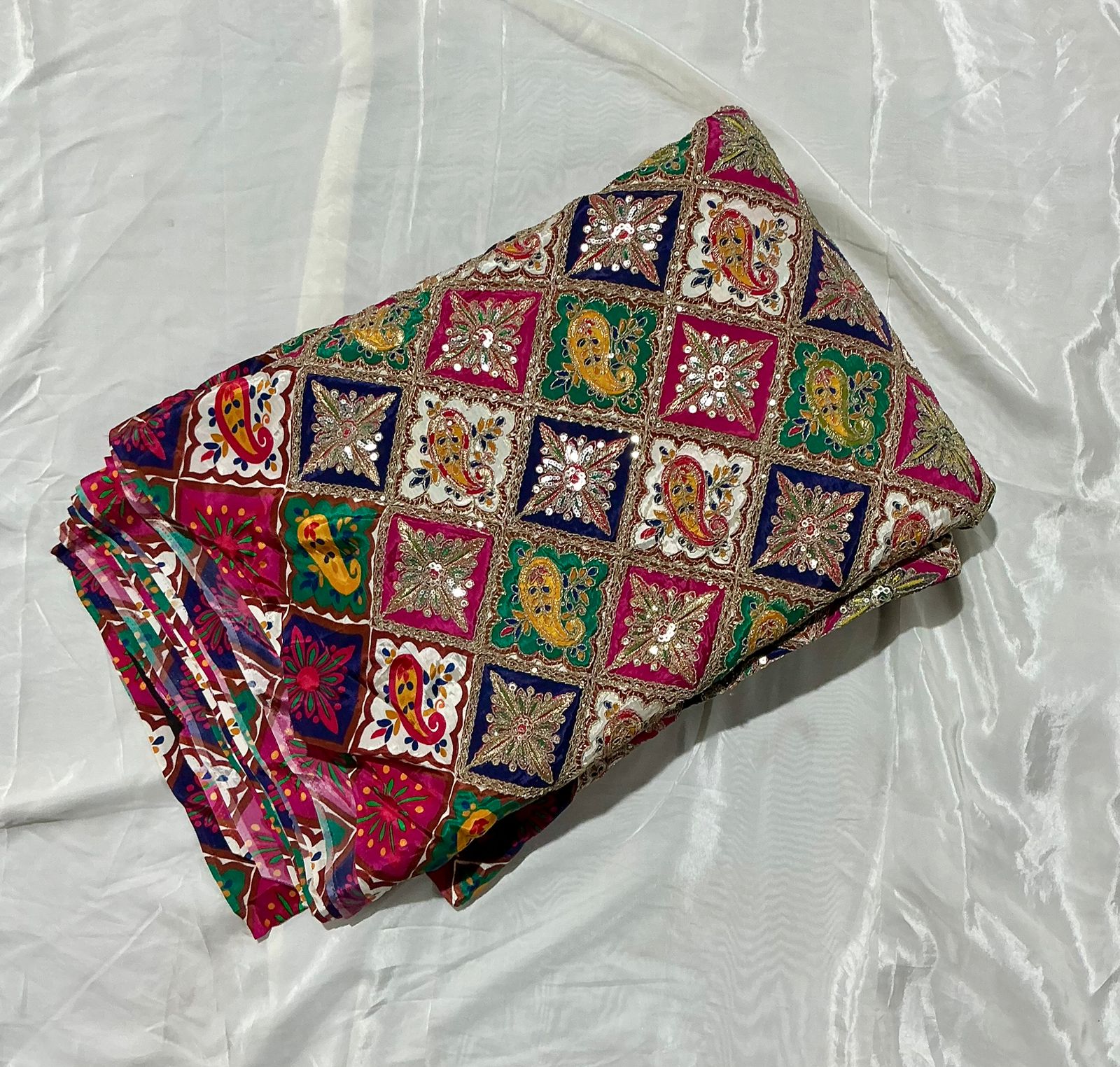 White Multi Color Postion Print  Work On Crepe Fabric