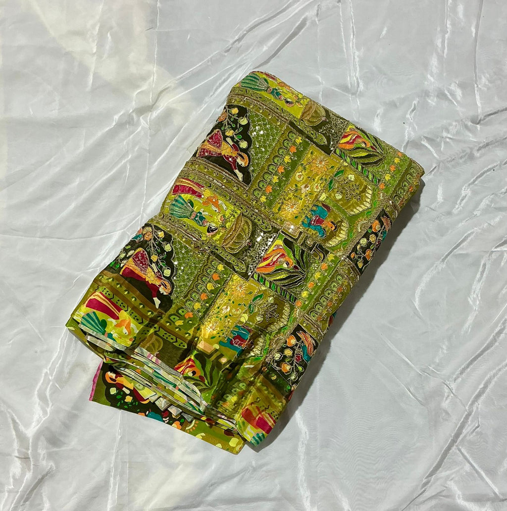 Raja Rani Position Print Fabric on Natural crepe