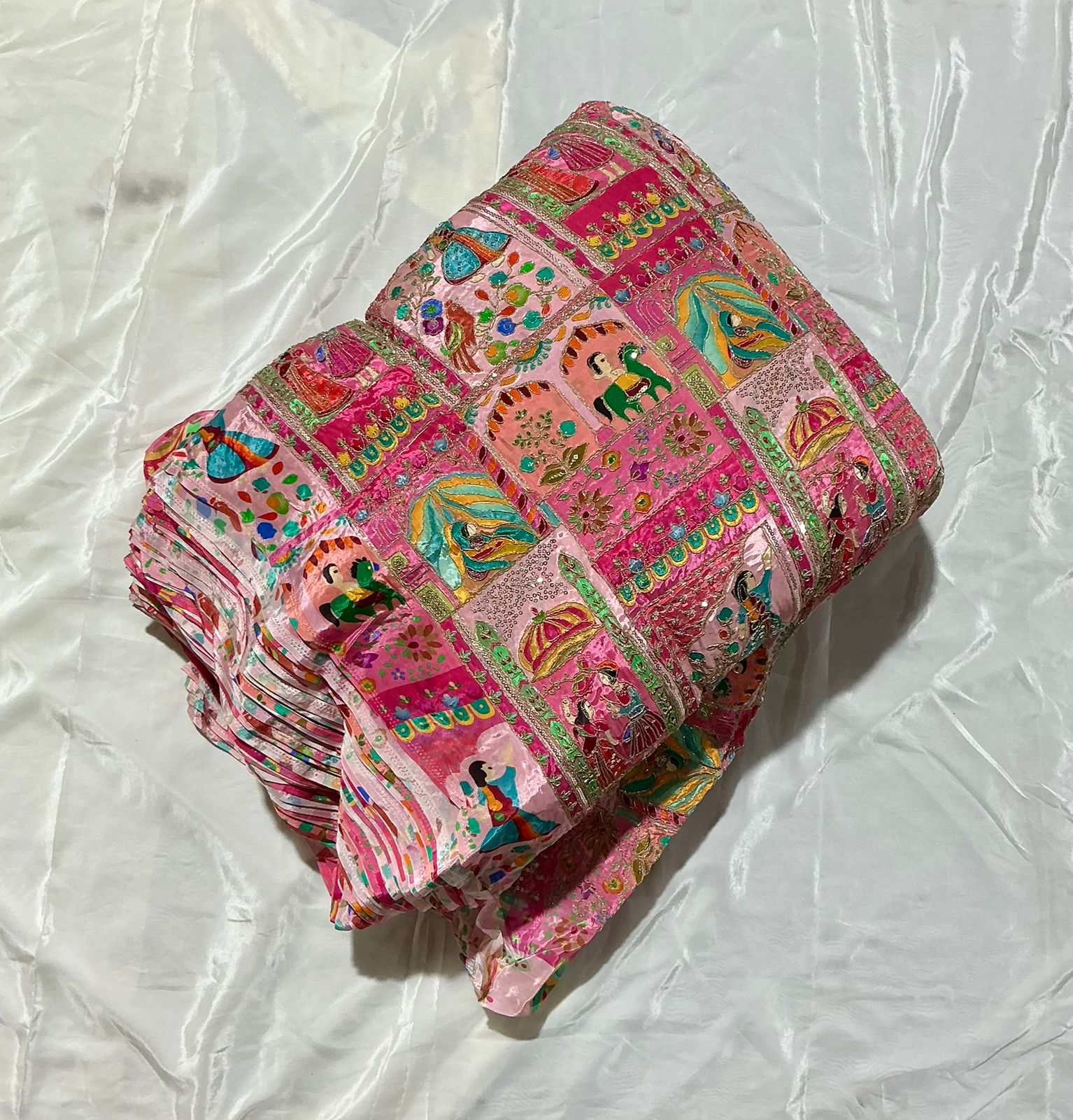 Raja Rani Position Print Fabric on Natural crepe