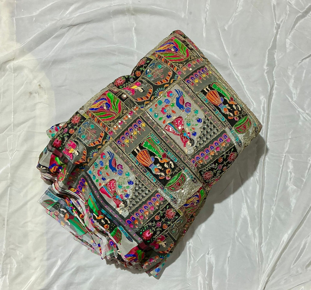 Raja Rani Position Print Fabric on Natural crepe