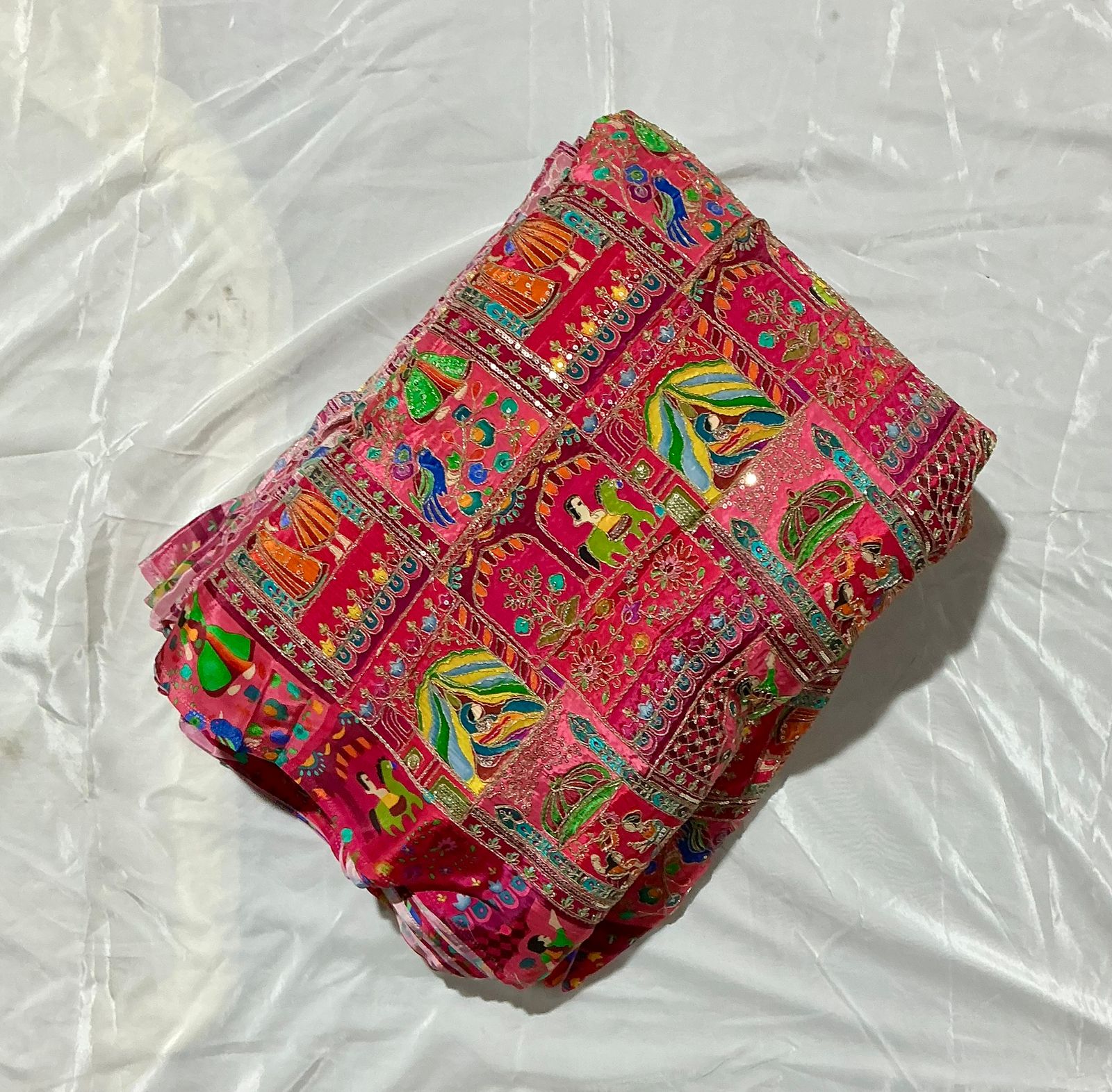 Raja Rani Position Print Fabric on Natural crepe