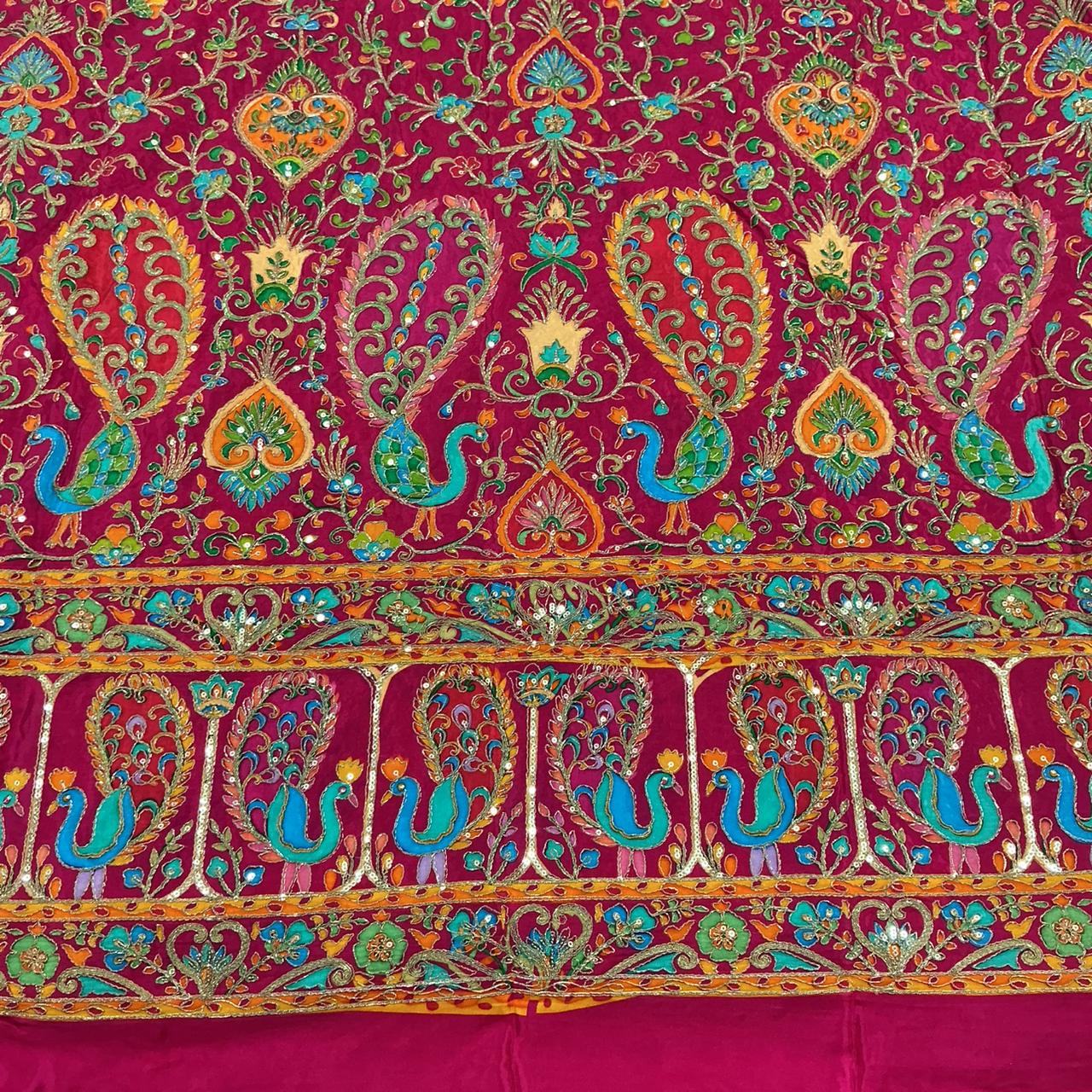 Rani color Rajwadi Embroidery Position Printed Fabric 48 Inch width ( only fabric )
