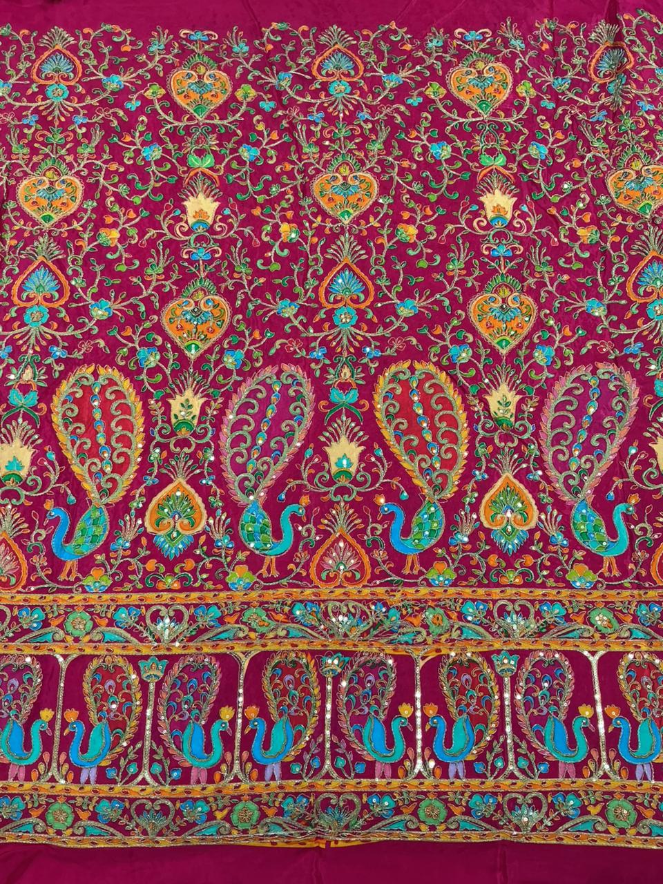 Rani color Rajwadi Embroidery Position Printed Fabric 48 Inch width ( only fabric )