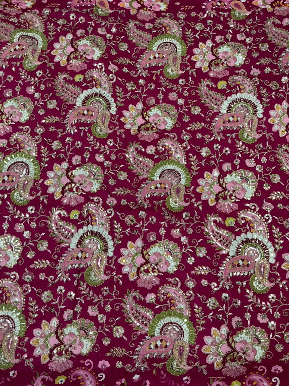 Rose Pink Natural Crepe Rajwadi Dori Embroidery Posittipn Print fabric 44 inch width ( only fabric )