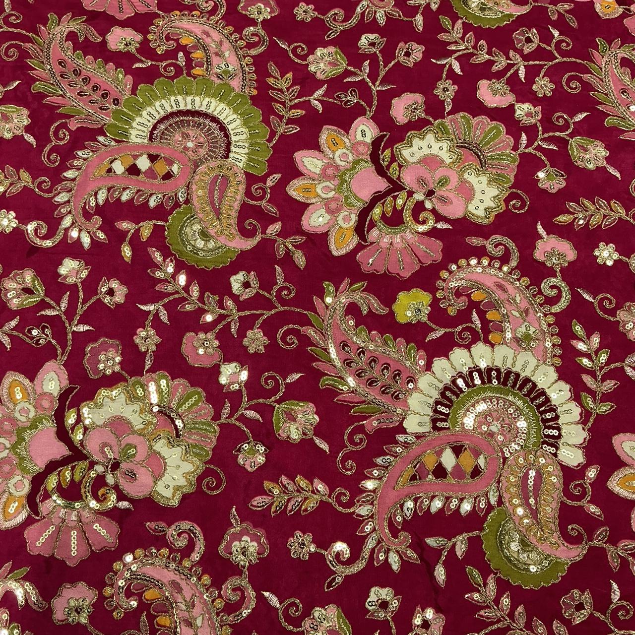 Rose Pink Natural Crepe Rajwadi Dori Embroidery Posittipn Print fabric 44 inch width ( only fabric )
