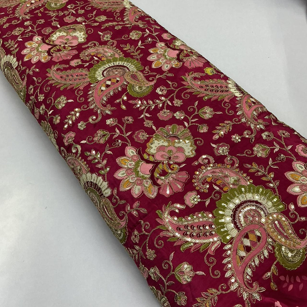 Rose Pink Natural Crepe Rajwadi Dori Embroidery Posittipn Print fabric 44 inch width ( only fabric )