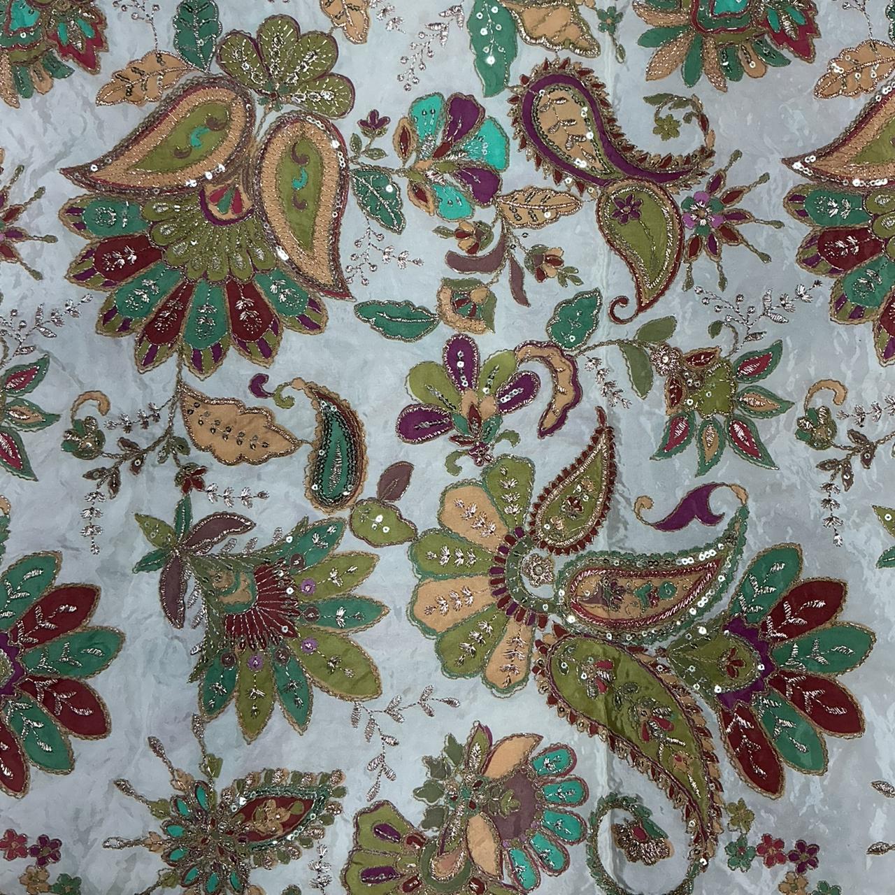 Royal Look Pure Crepe Rajwadi embroidery Work Position Print Gown Dress Fabric For weddings