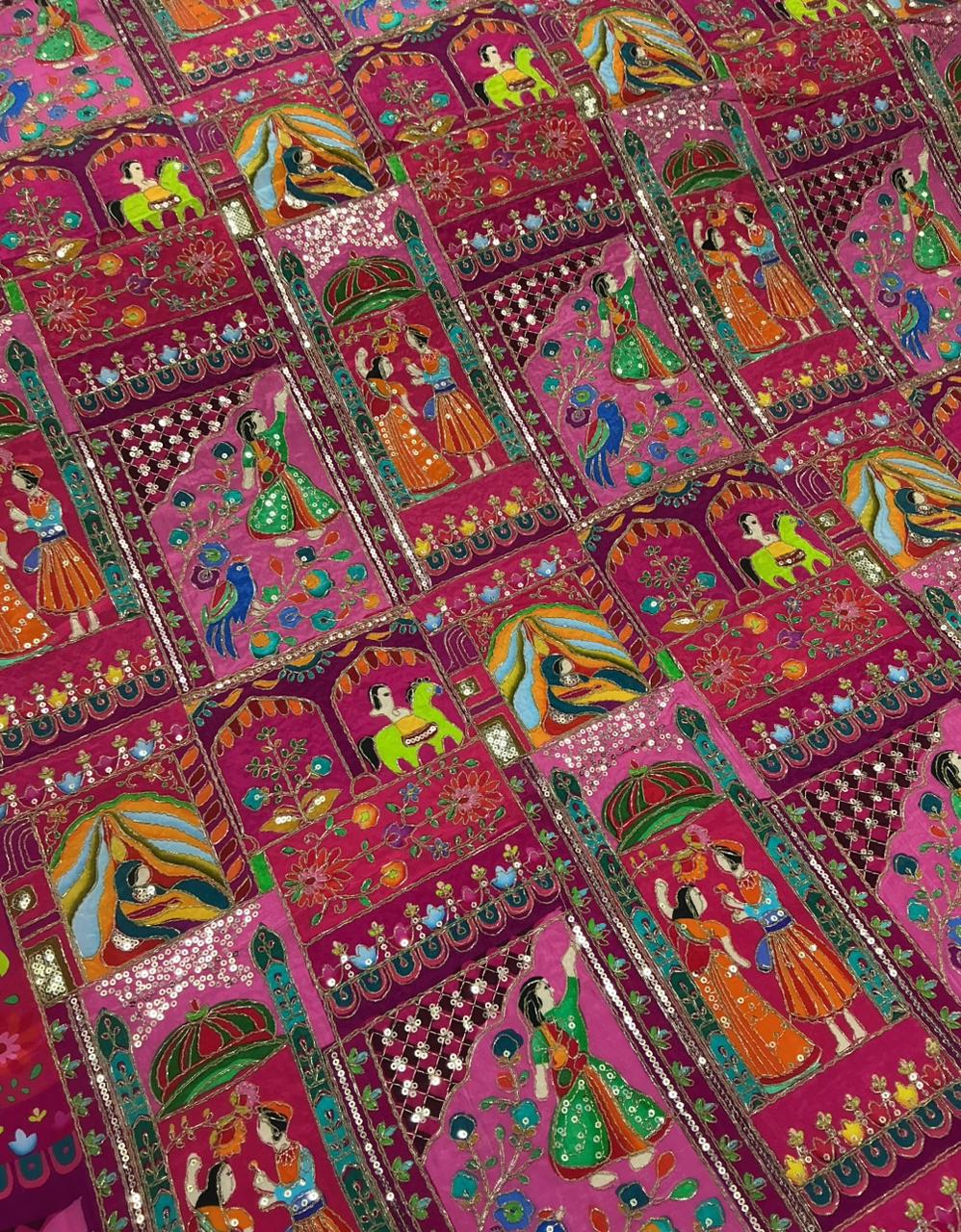 Pure Viscose Rani Color Position Print Embroidery Work Festive Fabric - Men's Kurta