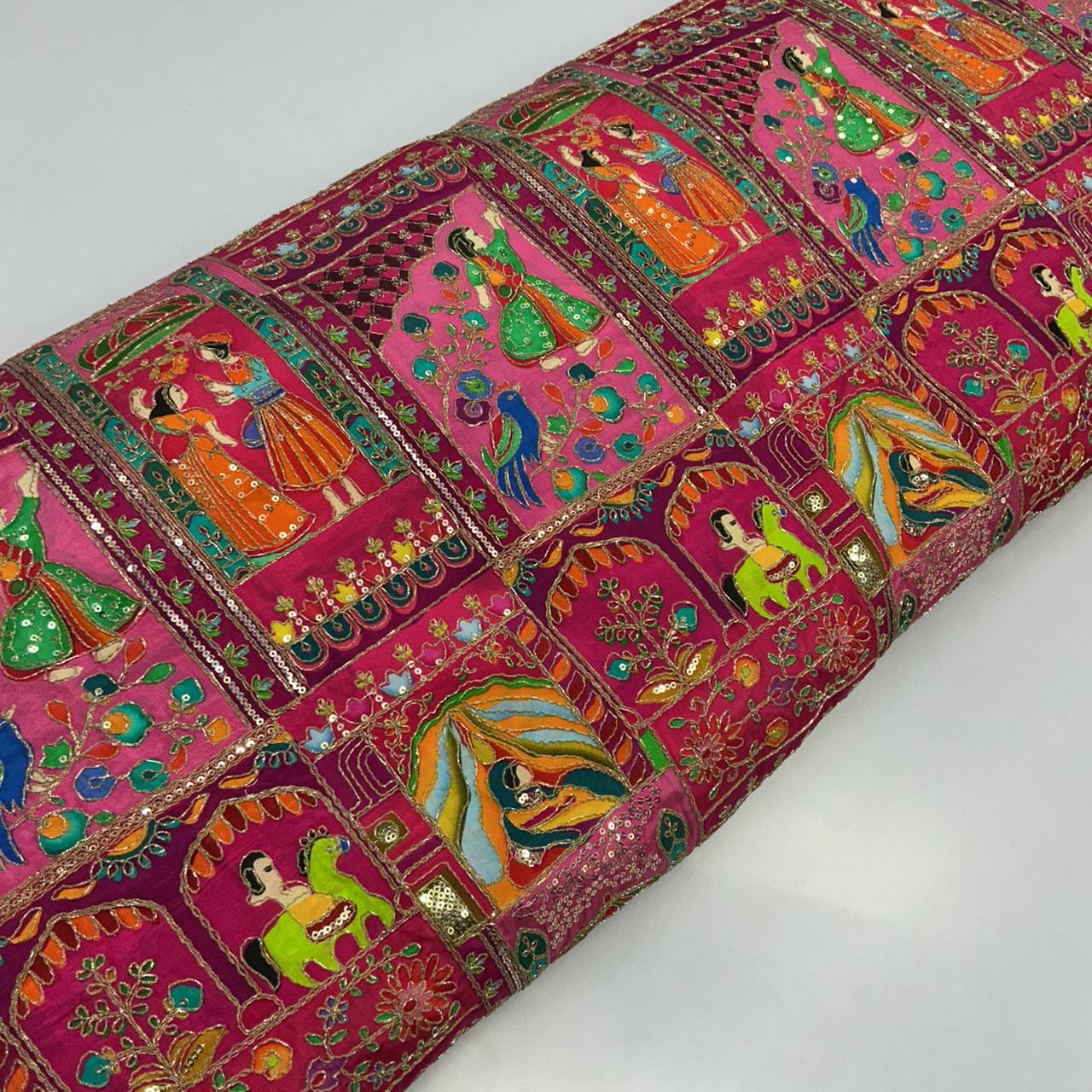 Pure Viscose Rani Color Position Print Embroidery Work Festive Fabric - Men's Kurta