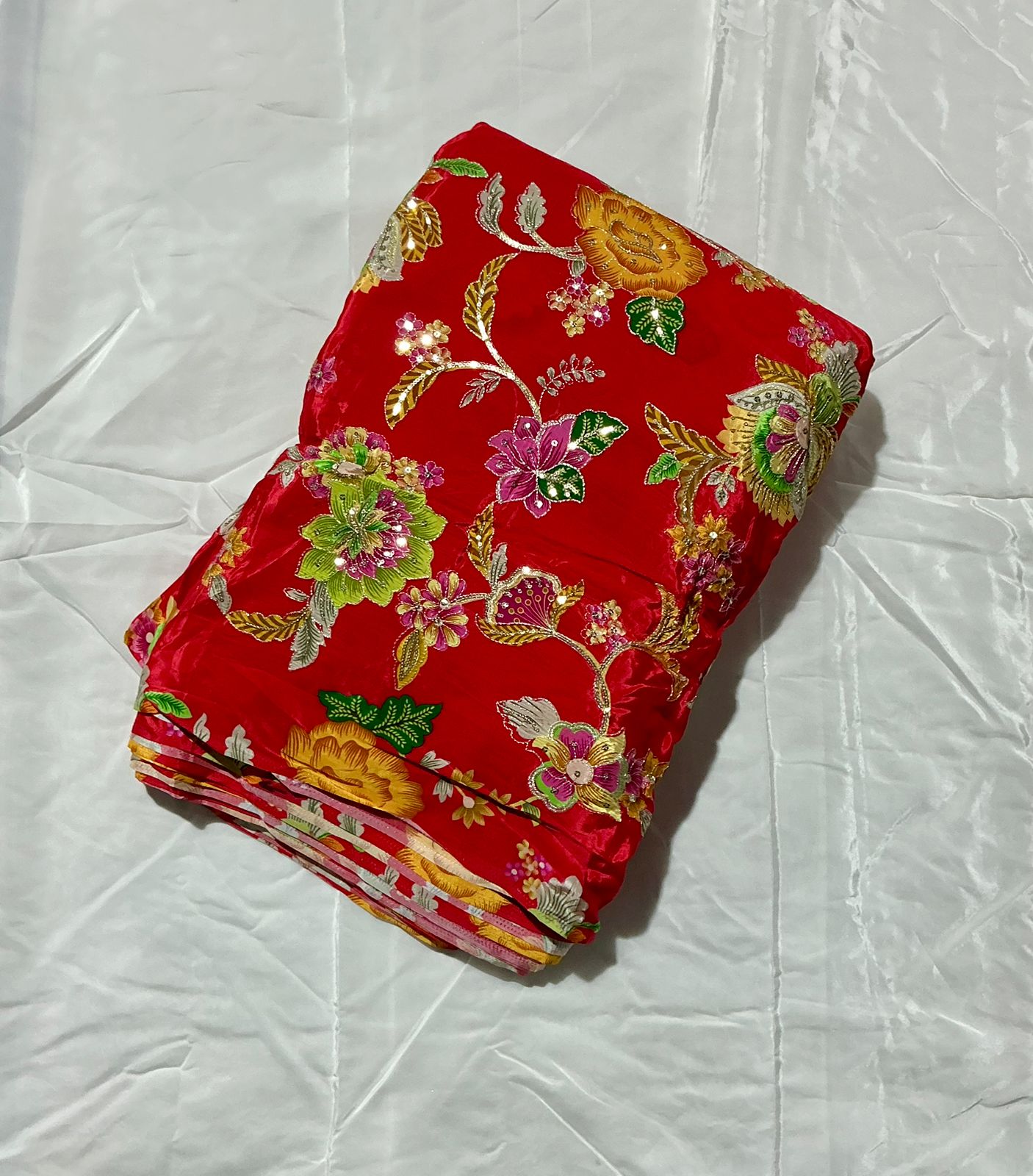 Mahima mahajan inspired Position Print On Sequins Embroidery Natural crepe Fabric