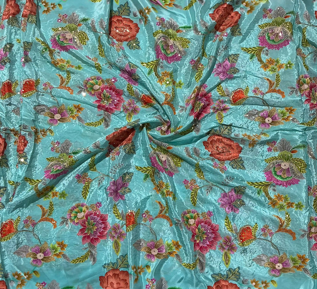 Mahima mahajan inspired Position Print On Sequins Embroidery Natural crepe Fabric
