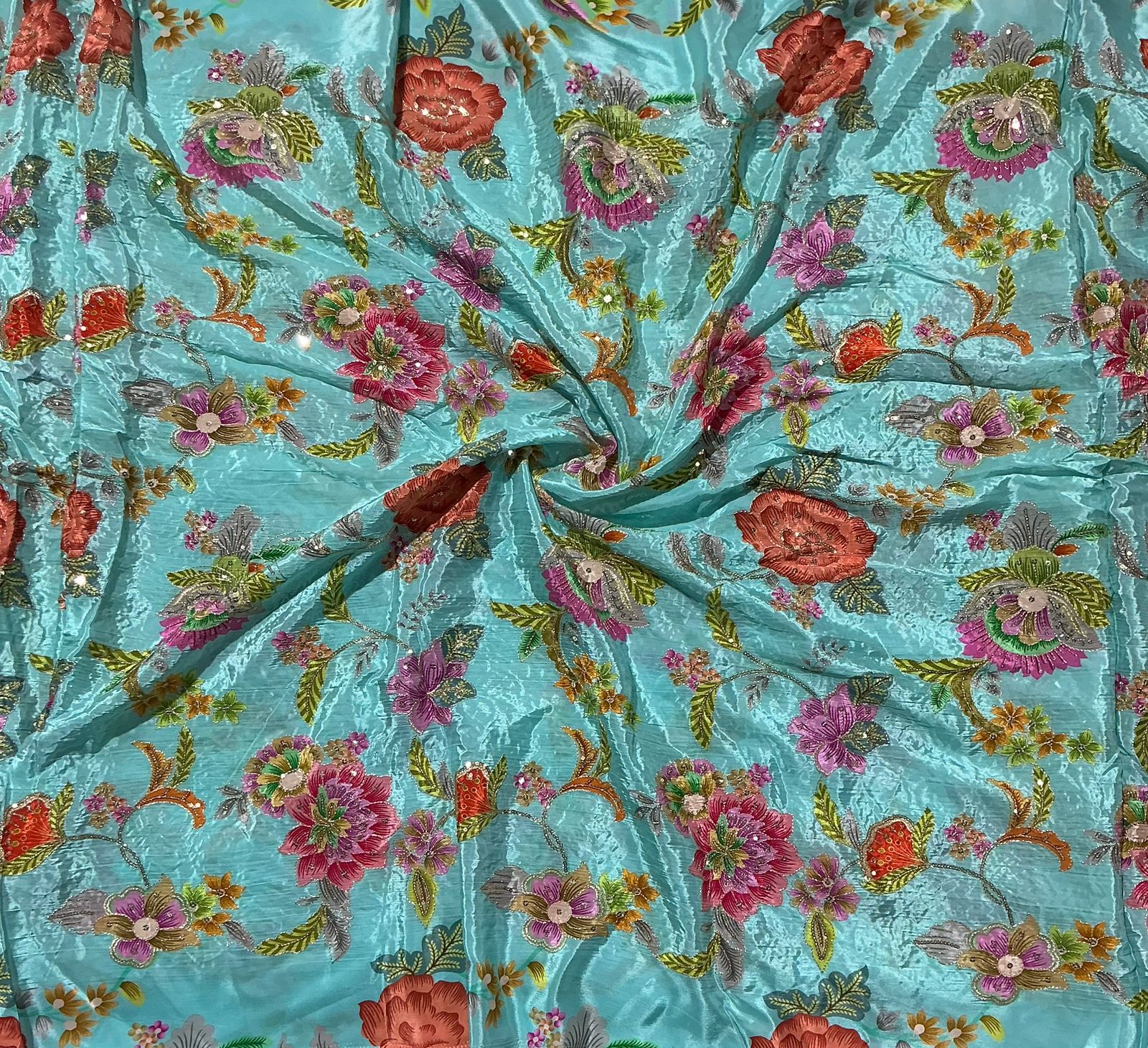 Mahima mahajan inspired Position Print On Sequins Embroidery Natural crepe Fabric