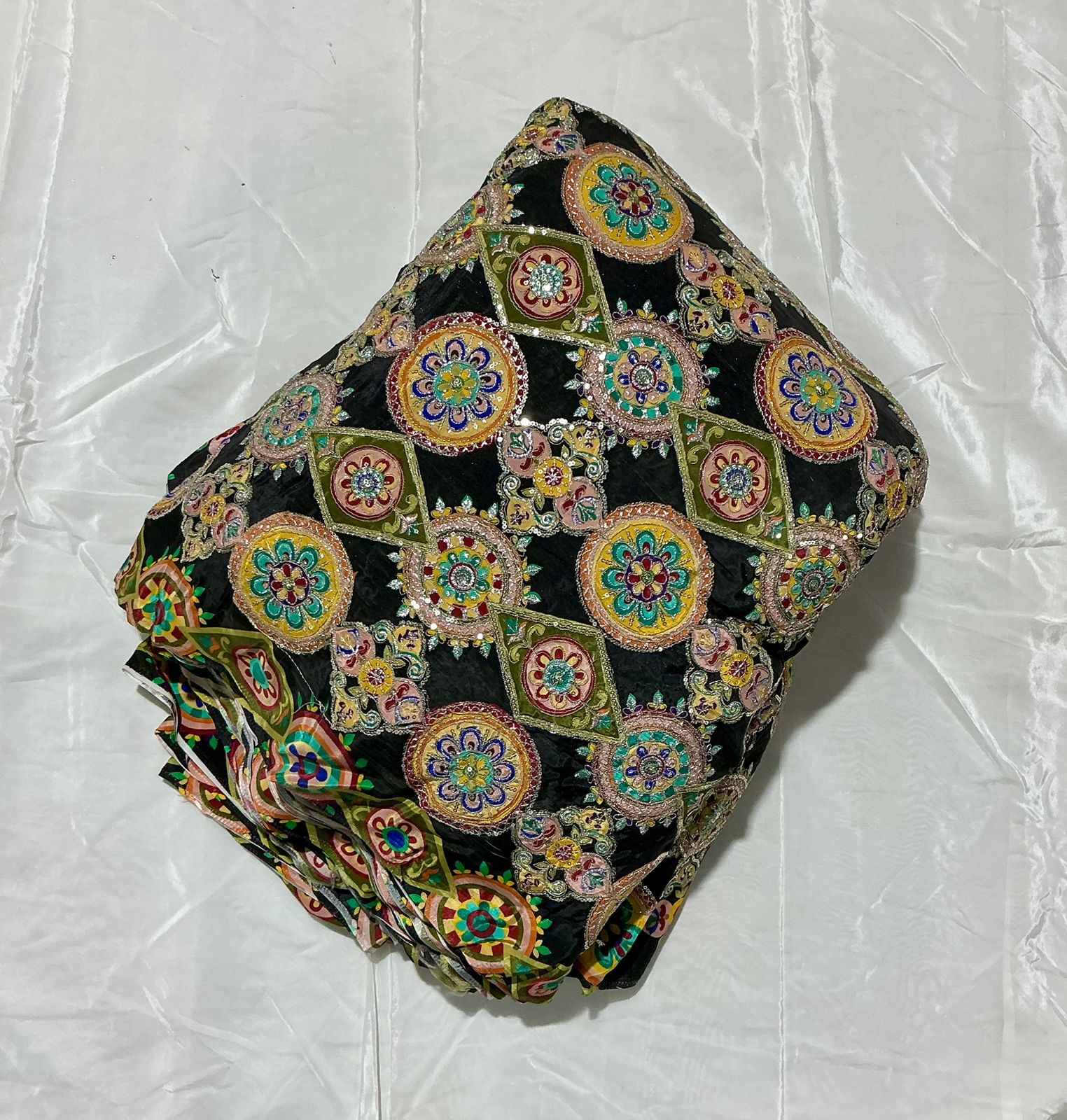 Kaju-gola Heavy Embroidery worked Position Print fabric