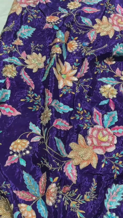 Floral Positional Print Zari Sequins Embroidered Crepe Fabric