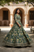 Pure Crepe Rajwadi embroidery Work Position Print Gown Dress Fabric For weddings