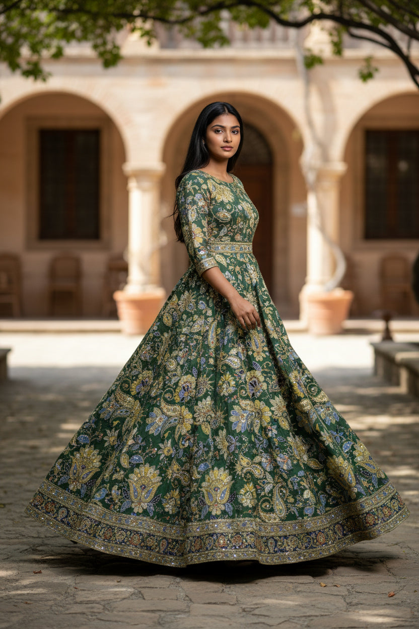 Pure Crepe Rajwadi embroidery Work Position Print Gown Dress Fabric For weddings