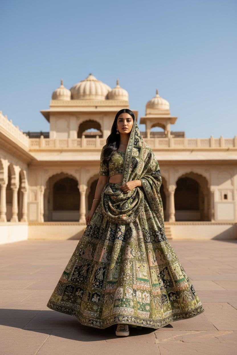 Mahendi Function Special Raja rani Pure crepe lahenga fabric