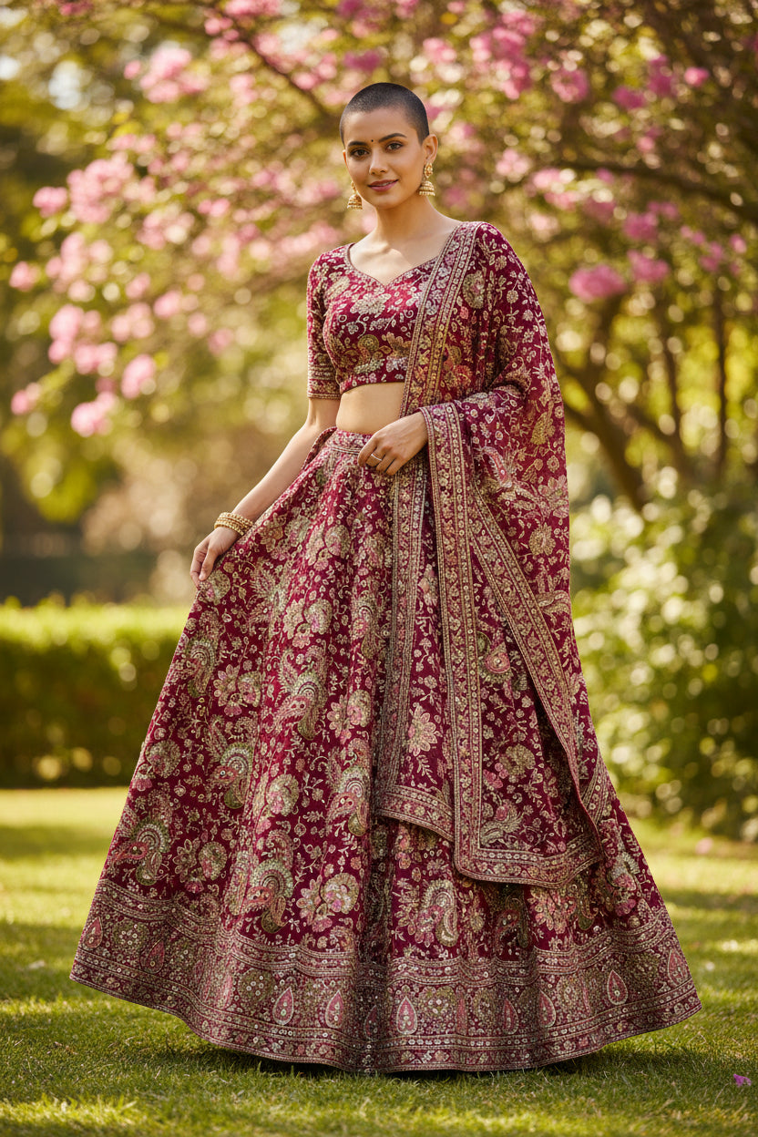 Rose Pink COLOR Keri embroidery position printed crepe Lahenga fabric