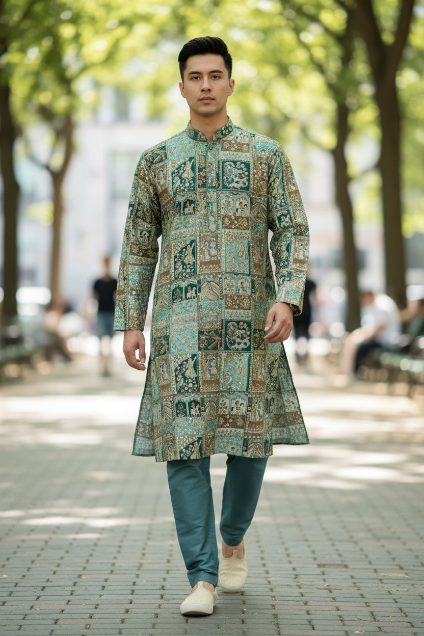 Pastel Color Pure Viscose Position Print Raja Rani Embroidery Work Fabric - Men's Kurta