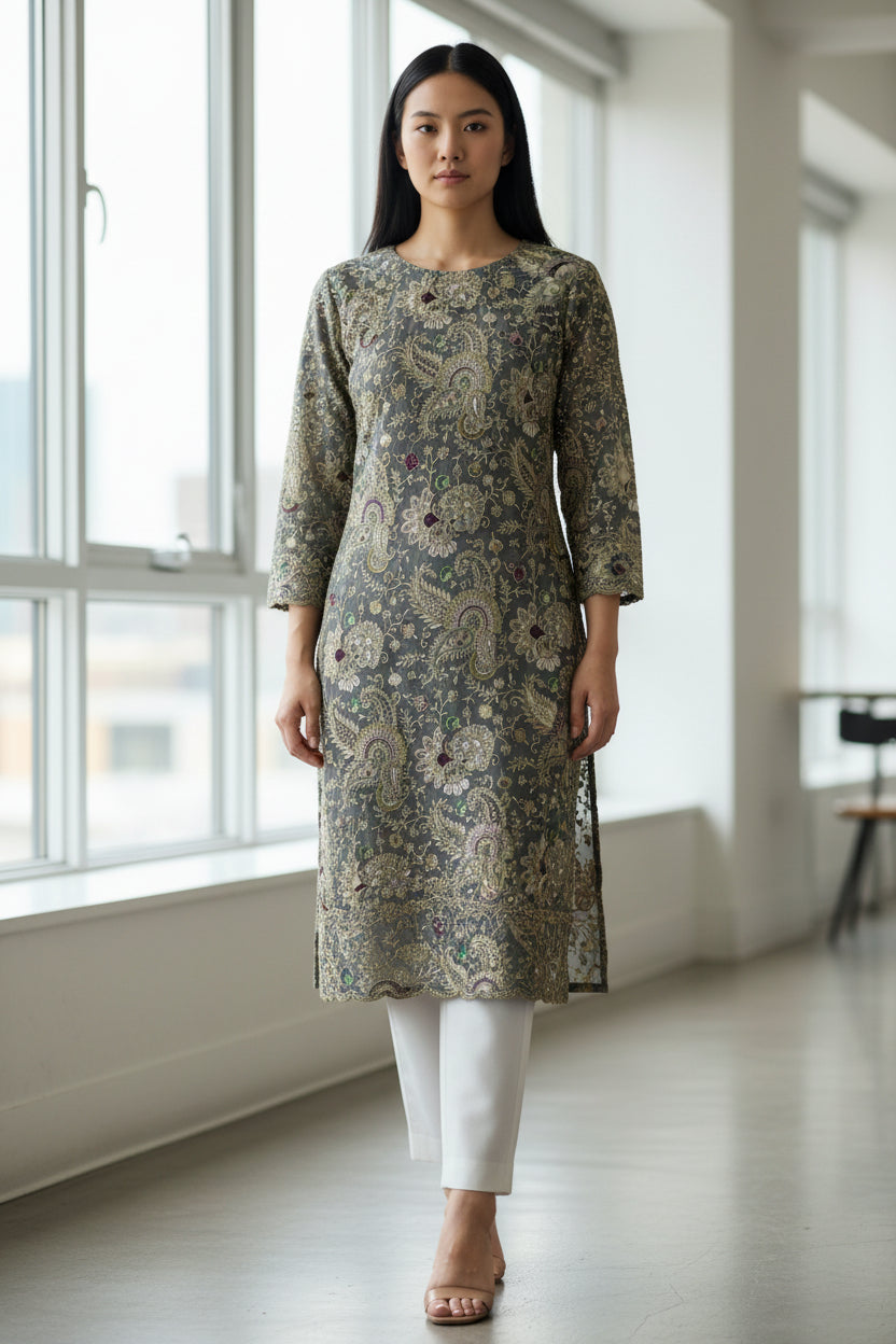 Natural Crepe Rajwadi Dori Embroidery Posittipn Print fabric ( only fabric )