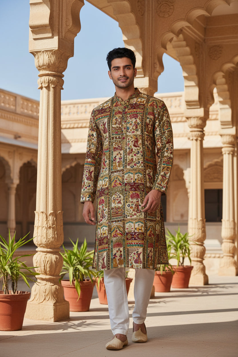 Pure Viscose Position Print Raja Rani Embroidery Work Fabric - Men's Kurta
