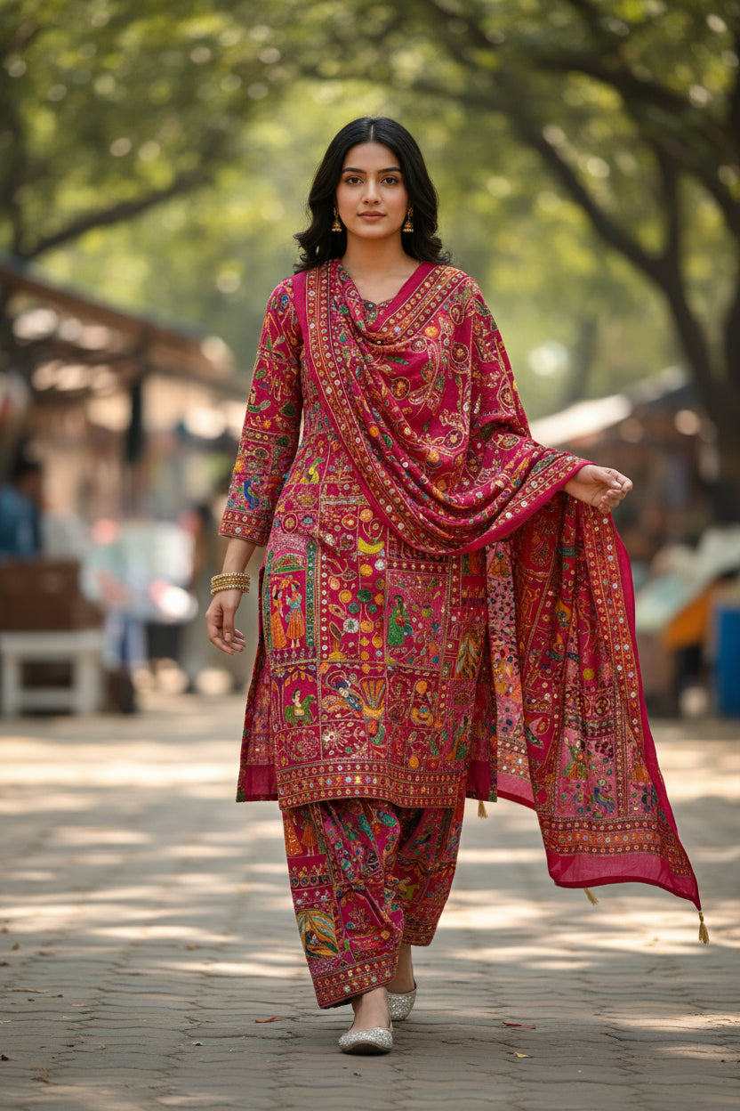 Rani color Pure Viscose Position Print Raja Rani Embroidery Work Fabric - Panjabi Style