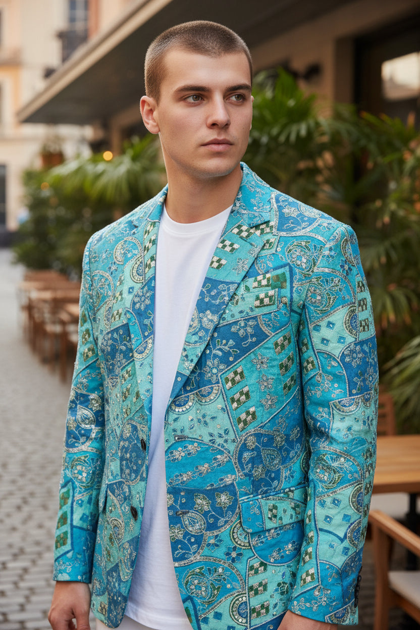 Blazer Stunninng color Zari Embroidery Position Print fabric ( Only Fabric )