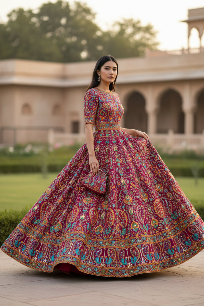 Rani color Rajwadi Embroidery Position Printed Fabric 48 Inch width ( only fabric )