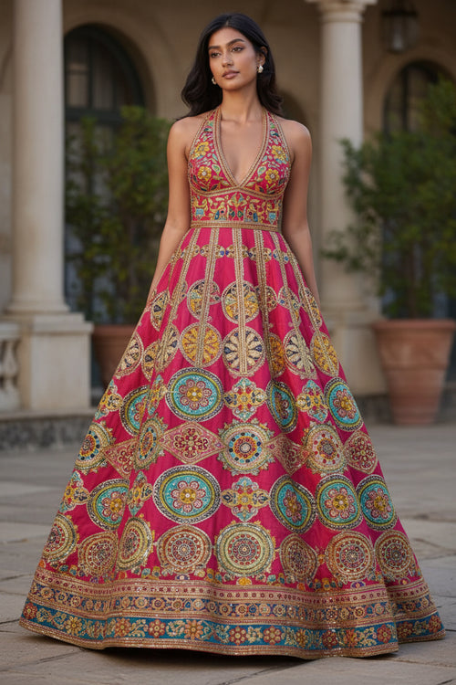 Beautiful Rani Color Pure Crepe Wedding Lahenga fabric - Fabric Only