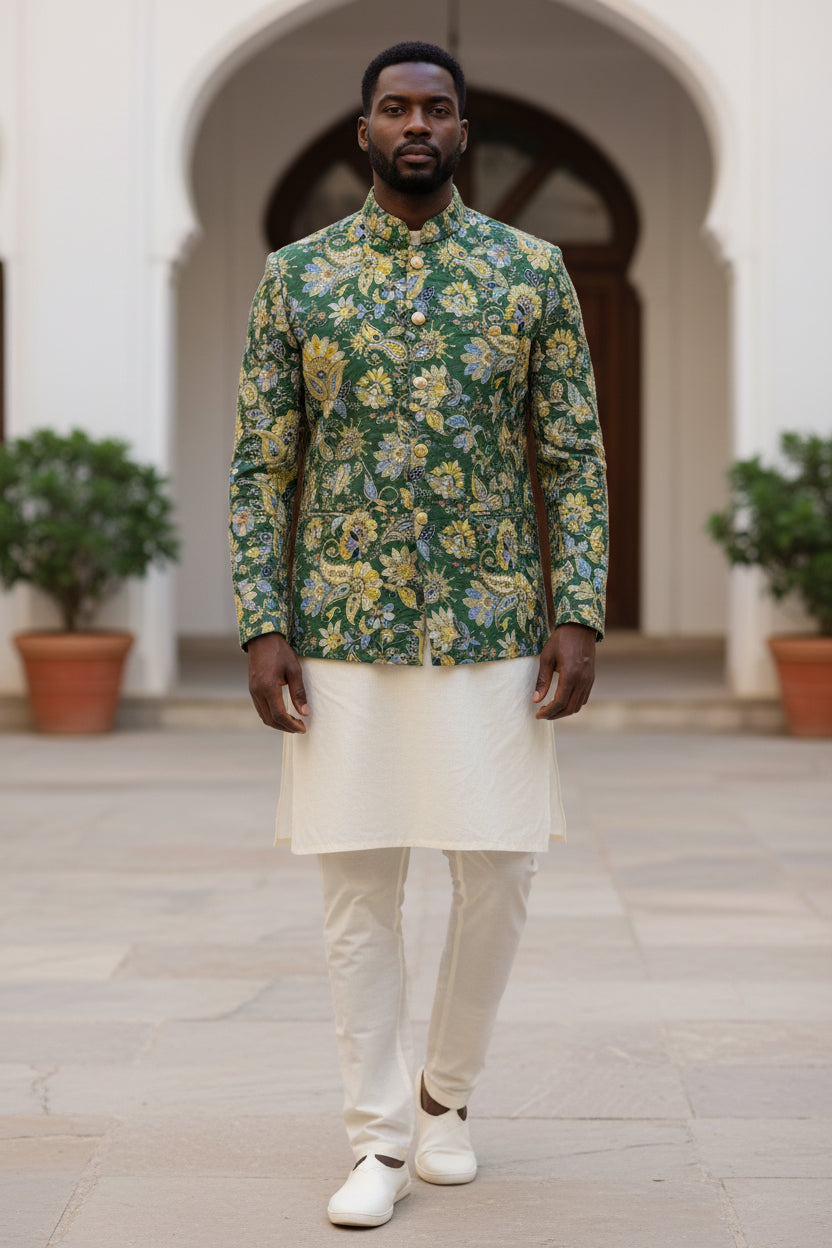 Royal Look Pure Crepe Rajwadi embroidery Work Position Print Wedding Fabric Nehru Jacket