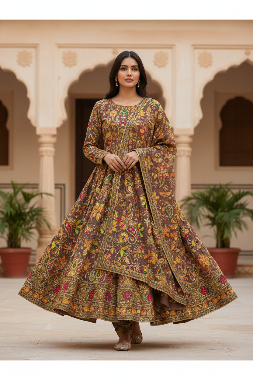 Royal Look Pure Crepe Rajwadi embroidery Work Position Print Dress Kurti Fabric