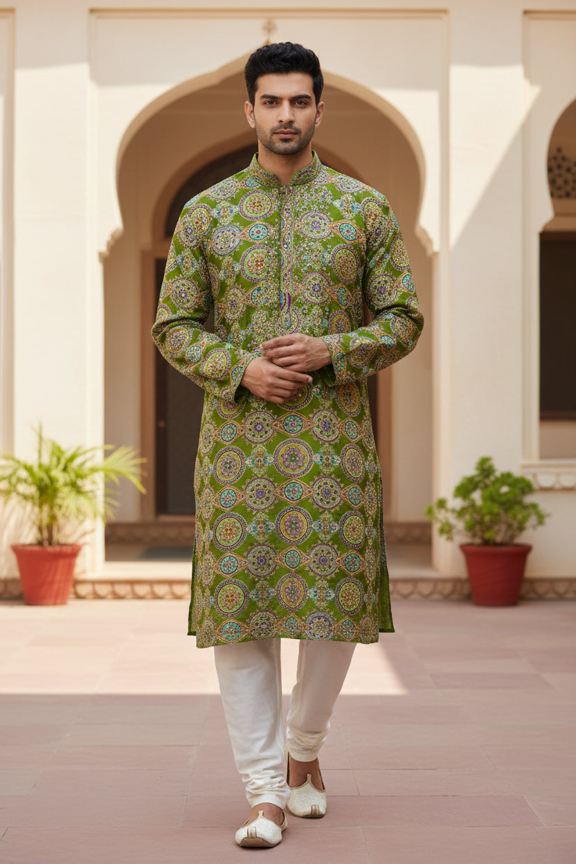 Green embroidery print kurta natural crepe fabric ( only farbic )