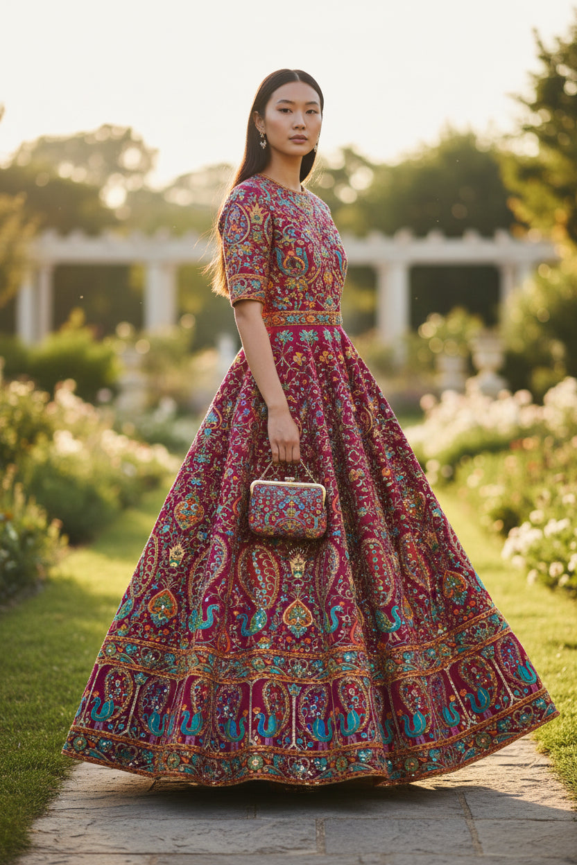 Rani color Rajwadi Embroidery Position Printed Fabric 48 Inch width ( only fabric )