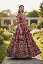 Rani color Rajwadi Embroidery Position Printed Fabric 48 Inch width ( only fabric )