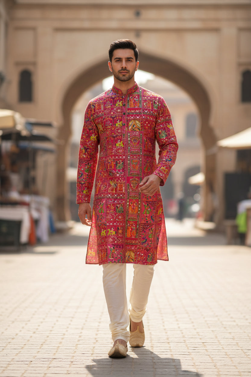 Pure Viscose Rani Color Position Print Embroidery Work Festive Fabric - Men's Kurta