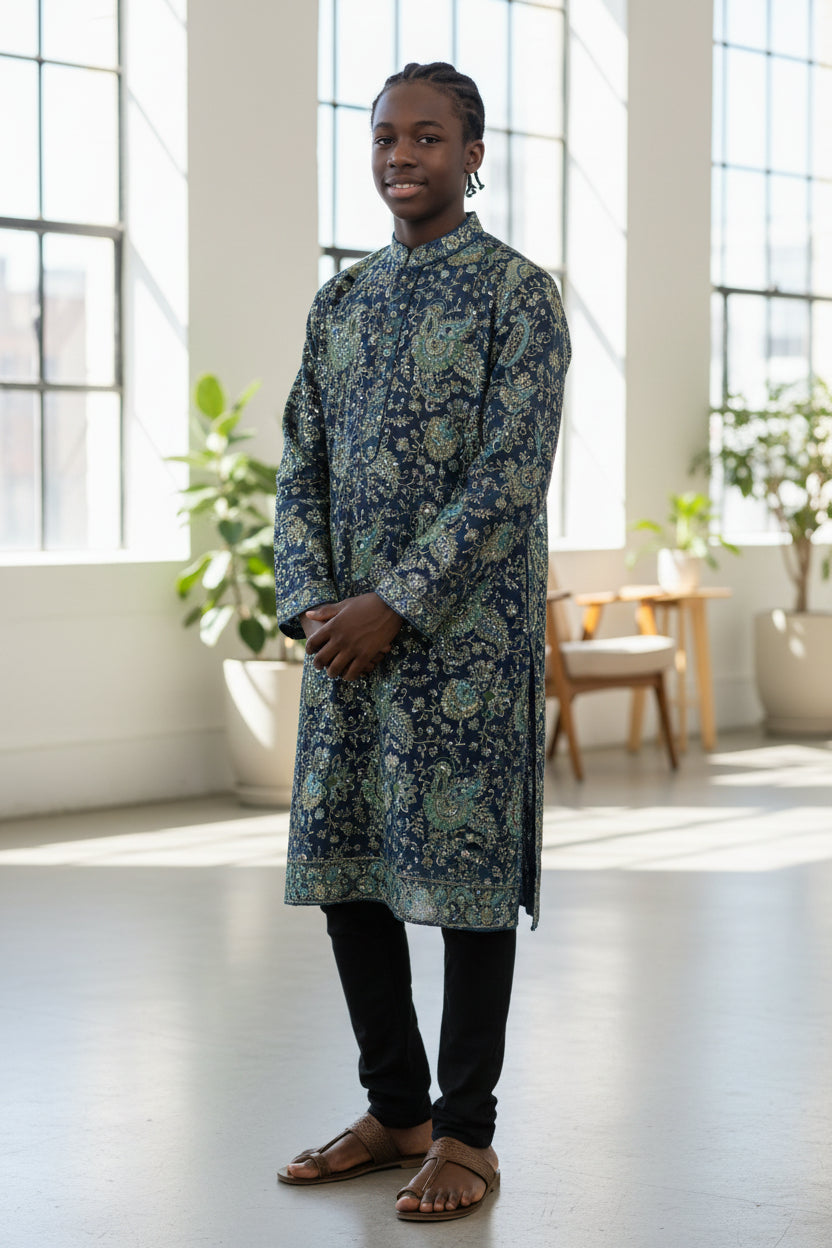 Natural Crepe Rajwadi Dori Embroidery Posittipn Print fabric For Men's kurta ( only fabric )