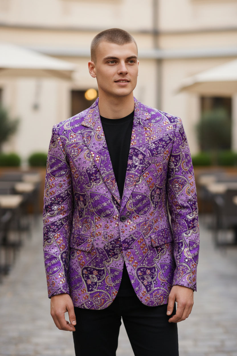 Blazer Stunninng Purple color Zari Embroidery Position Print fabric ( Only Fabric )